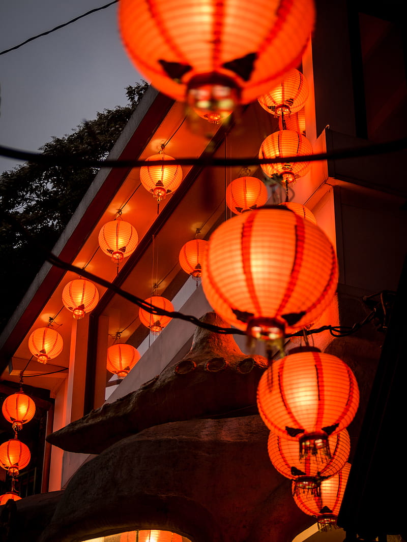 chinese lanterns, lanterns, lighting, light, dark, HD phone wallpaper
