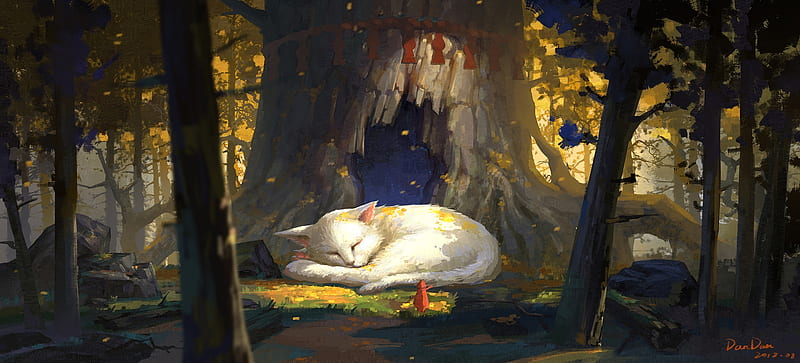 Giant sleeping cat, luminos, girl, dandan lu, cat, giant, art, sleep, kaiqing lu, tree, fantasy, pisici, HD wallpaper