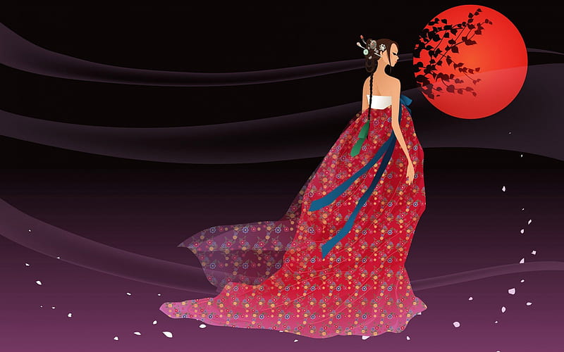 Red moon, art, reed, dress, sun, spring, moon, girl, purple, asian, petals, chinese, korean, princess, vector, HD wallpaper