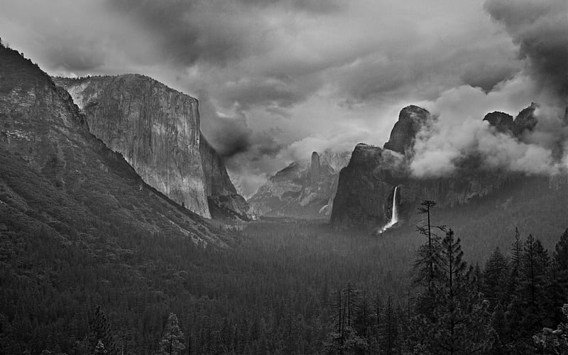 Tunnel View B&W, bonito, shrouded, clouds, valley, panorama, mountains, waterfall, nature, forests, HD wallpaper