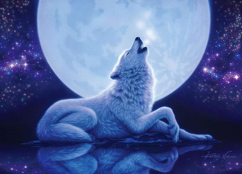 Full moon, white, night, blue, art, frumusete, kentaro nishino, moon, luminos, fantasy, moon, purple, lup, wolf, HD wallpaper