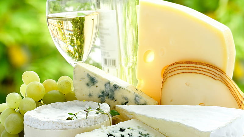 Champagne and Cheese, glass, grapes, cheese, cheddar, champagne, blue, HD wallpaper