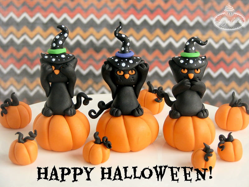 Happy Halloween!, cake, witch, candy, sweets, orange, food, halloween, black, cat, dessert, hat, pumpkin, HD wallpaper