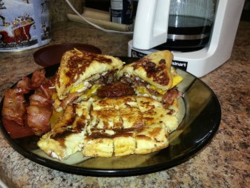 Bacon, sausage, eggs, cheese, french toast, and syrup, breakfast, abstract, yummy, foods, HD wallpaper