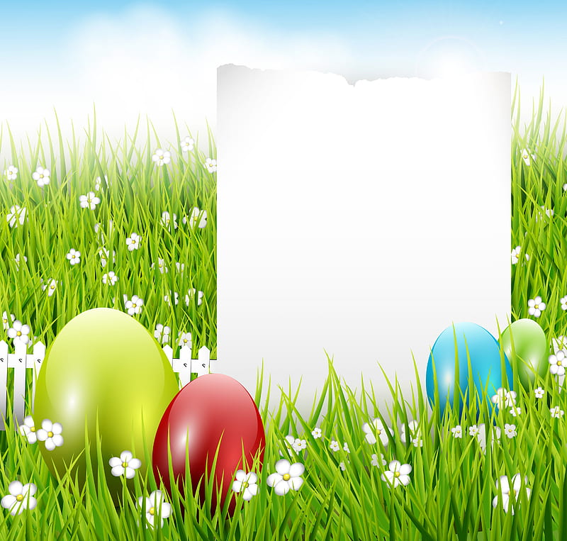 Easter card , colorful, Easter, green, grass, eggs, flowers, greetings, card, HD wallpaper