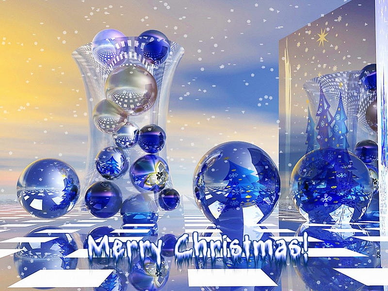 Surreal Christmas, sparkle, glass, bulbs, christmas, surreal, blue, HD wallpaper