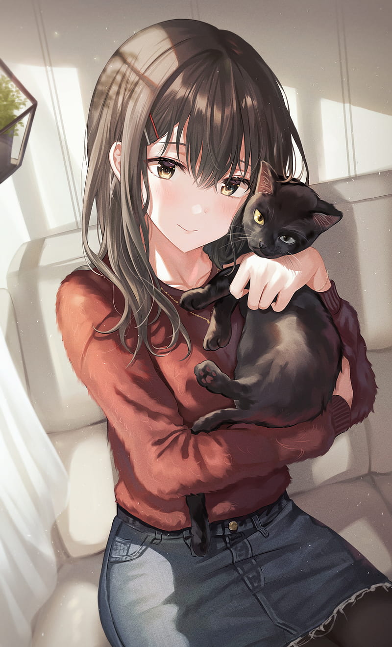 beautiful anime girl, black cat, sweater, brown hair, Anime, HD phone wallpaper