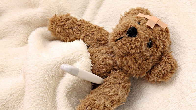 you'll be fine soon, a thermometer, soft, a blanket, teddy bear, HD wallpaper