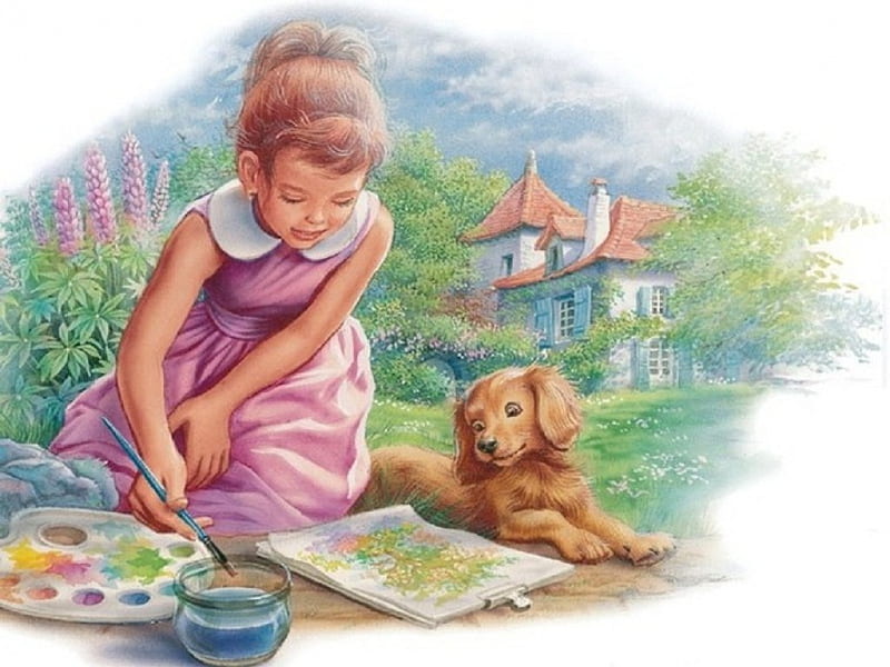 the little painter, beauty, art, girl, dog, HD wallpaper