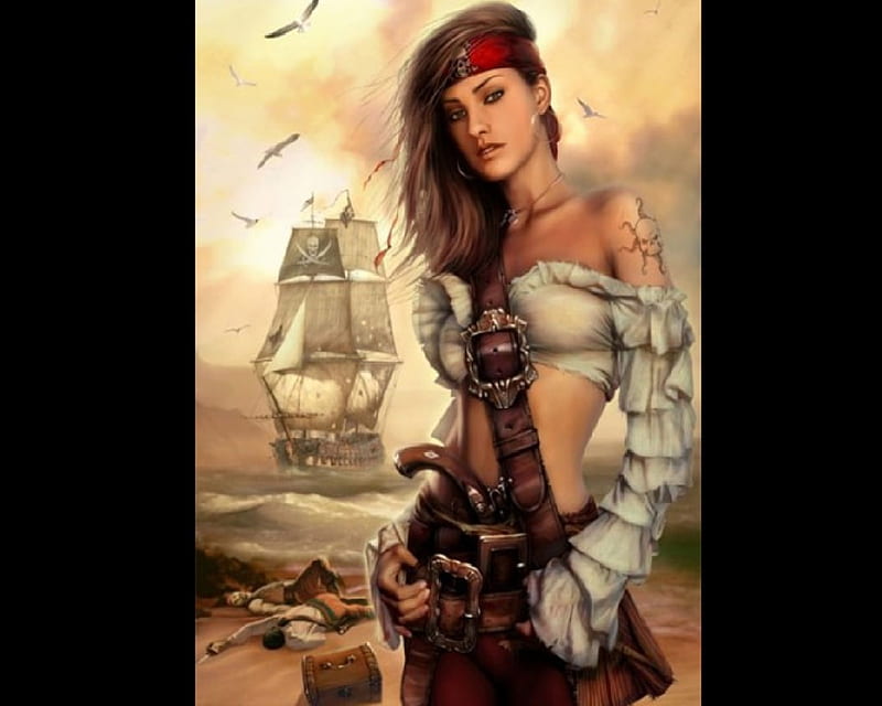 cookedsheep17 Female pirate Viking half shaved head with tattoos  Leather clothing
