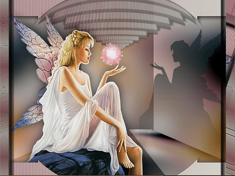 ANGEL, female, wings, dress, glowing, reflection, white, orb, HD wallpaper