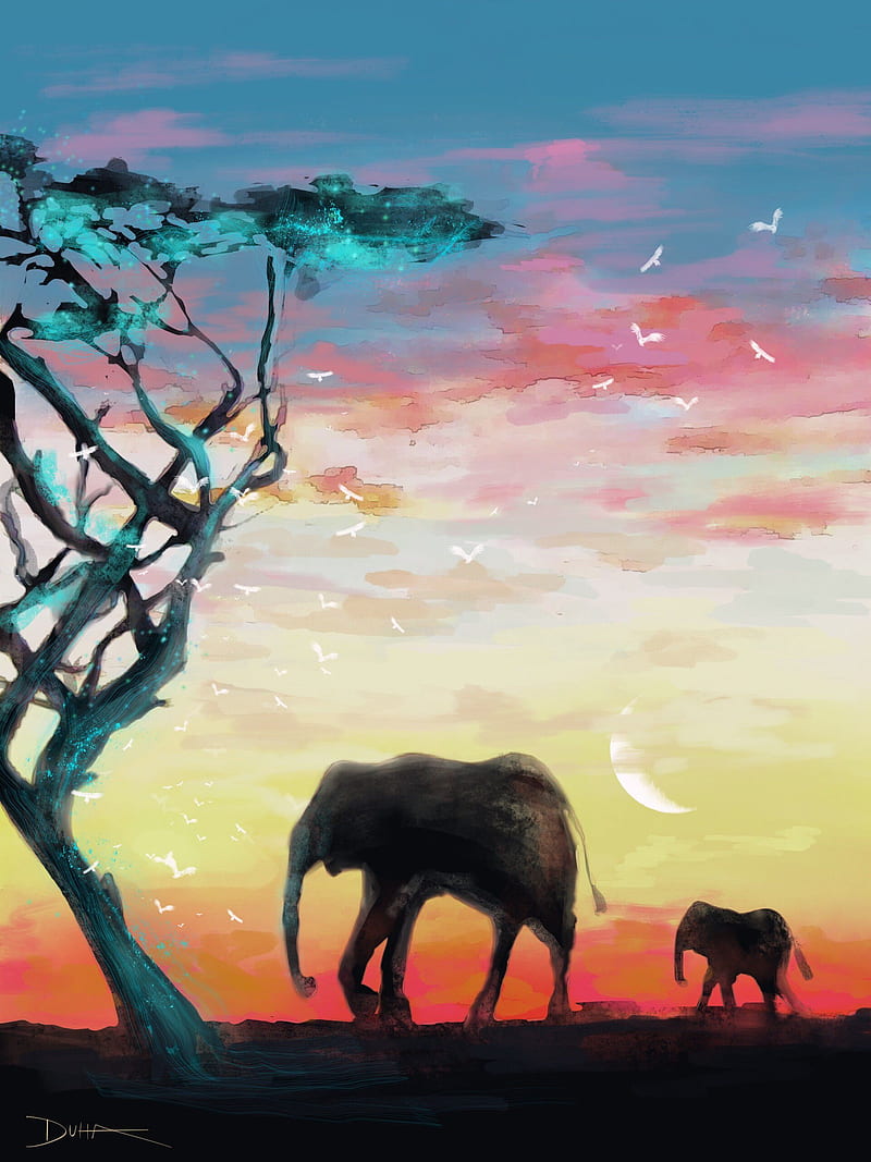 elephants, animals, wildlife, art, HD phone wallpaper