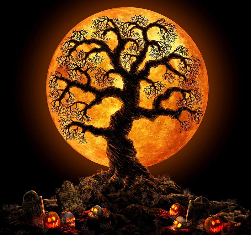 In the night of Halloween, festival, autumn, halloween, children, bonito, magic, helloween, sweet, octobre, moon, splendor, pumpkin, beauty, hill, lovely, lamps, colors, tree, cool, ghost, dark, magical, peaceful, awesome, skull, pumpkins, HD wallpaper