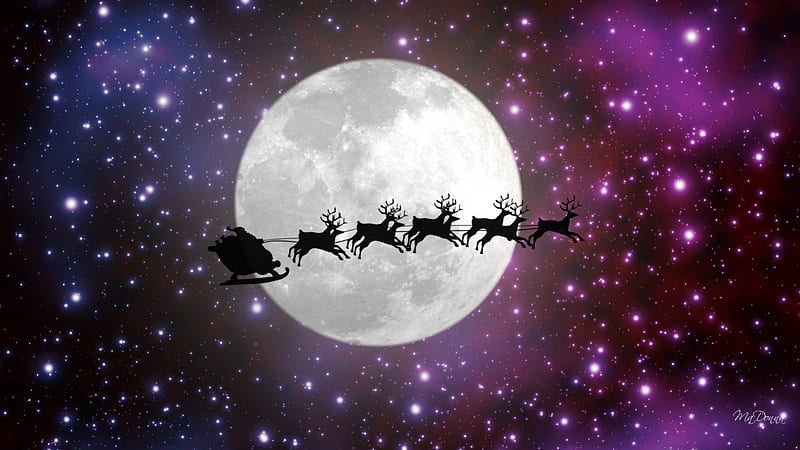 Starry Christmas Ride, stars, feliz navidad, christmas, st nick, sleigh ride, santa clause, full moon, bright, reindeer, HD wallpaper