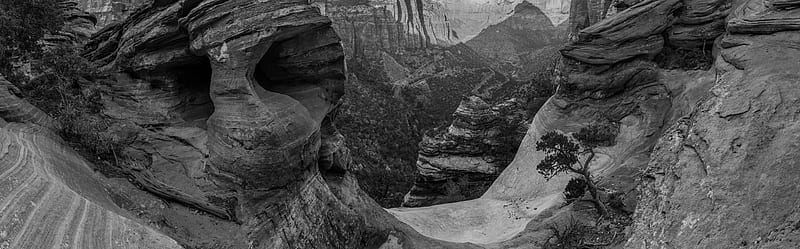 Canyon Overlook, Zion, Landscape Black and White Ultra, Black and White, View, blackandwhite, geology, zion, Canyon Overlook, Geological Features, Phase One IQ250, Zion National Park, HD wallpaper
