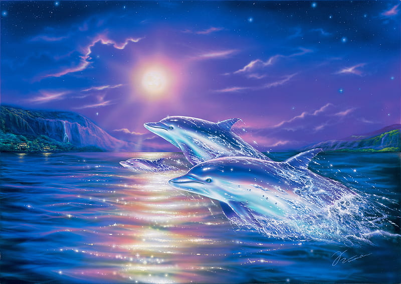 BIG DOLPHINS, moonlight, playing, dolphins, two, HD wallpaper