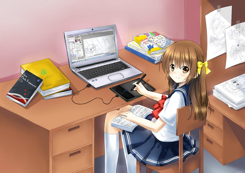 Drawing Manga, monitor, pretty, artist, books, sweet, nice, anime, anime  girl, HD wallpaper | Peakpx