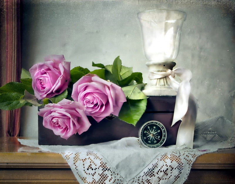 Pink Roses Candle Ribbon Three Roses Still Life Flowers Petals Tender Hd Wallpaper Peakpx