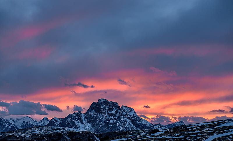 mountains, sunset, peaks, snowy, sky, clouds, italy, HD wallpaper