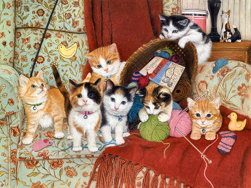 Knitting for Kittens F2mp, knitting, art, felines, painting, kittens, bauknecht, cats, artwork, HD wallpaper