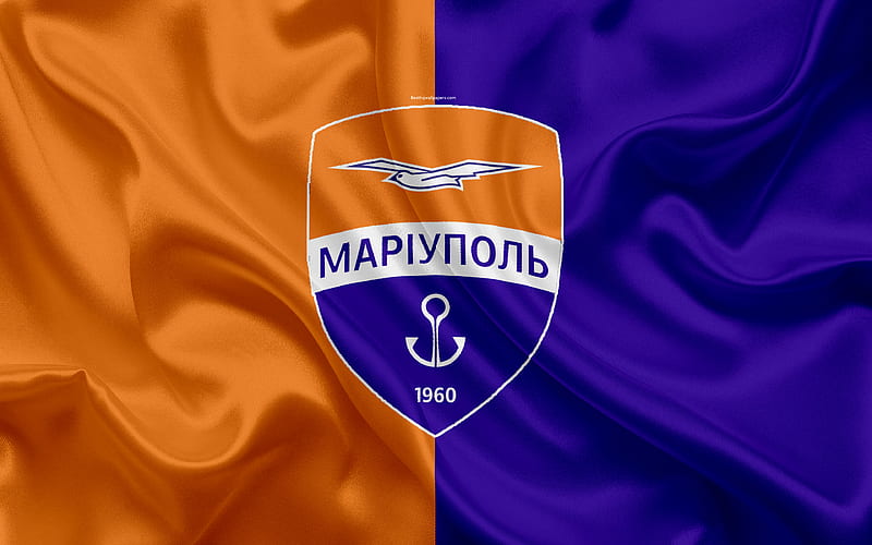 FC Mariupol Ukrainian football club, logo, silk texture, orange purple flag, Ukrainian Premier League, Mariupol, Ukraine, football, HD wallpaper