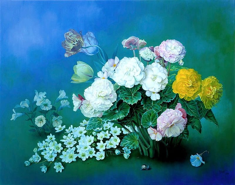 Flowers, painting, begonias, blossoms, petals, tulips, artwork, HD wallpaper