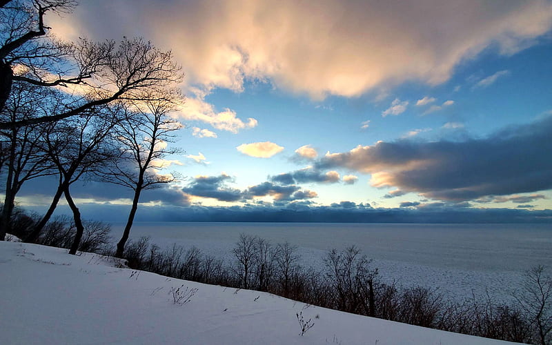 sunset over Lake Michigan, winter, snow, usa, clouds, trees, sky, HD wallpaper