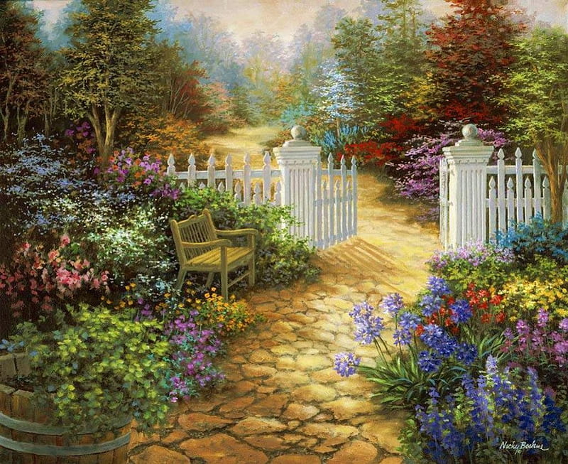 Wonderful Garden, gate, sun, painting, flowers, shadows, path, trees ...