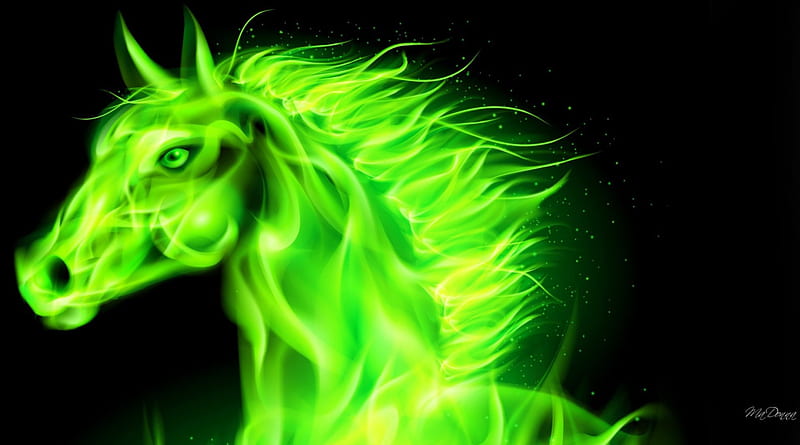 Flaming Green Horse, New Year, horse, abstract, fire, flames, green, 2014, hot, neon, HD wallpaper
