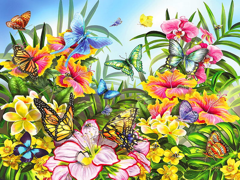 Butterflies in the garden, pretty, colorful, exotic, lovely, birds, bonito, butterflies, freshness, garden, HD wallpaper