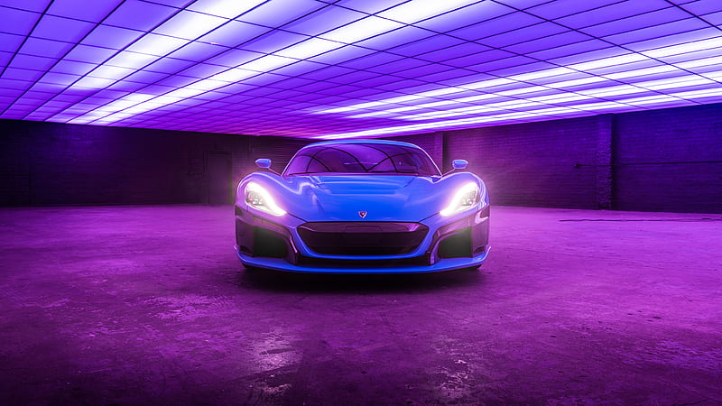 rimac c-two, purple lights, front view, supercars, Vehicle, HD wallpaper