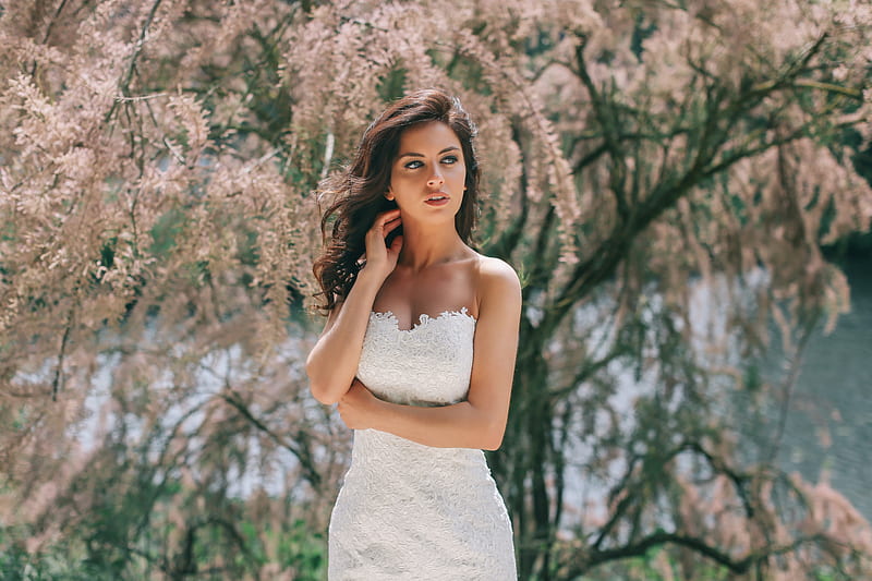 Aurela Skandaj, model, dress, tree, brunette, HD wallpaper