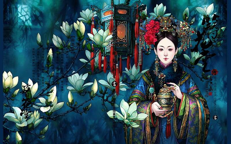 Princess, red, magnolia, luminos, fantasy, flower, asian, white, blue, HD wallpaper