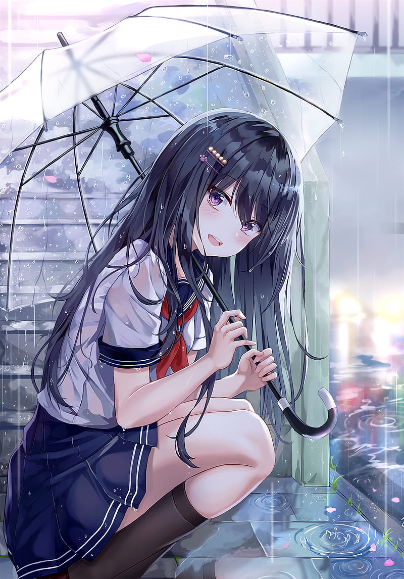 Anime, anime girls, schoolgirl, school uniform, rain, socks, long hair,  original characters, HD phone wallpaper | Peakpx