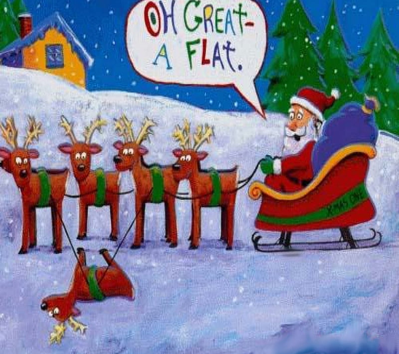 santa flat, christmas, flat, funny, north pole, reindeer, santa, sleigh, snow, HD wallpaper