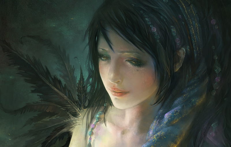 sadness, girl, reverie, face, figure, feathers, beads, shawl, oil painting for , section живопись, Sad Paintings, HD wallpaper