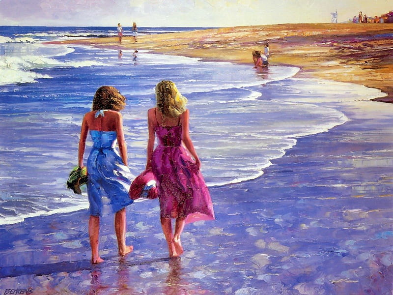 Beach walkers, colroful, pretty, walker, bonito, women, sea, beach, nice, calm, painting, girls, art, lovely, ocean, waves, sky, ladies, water, summer, walk, sands, HD wallpaper