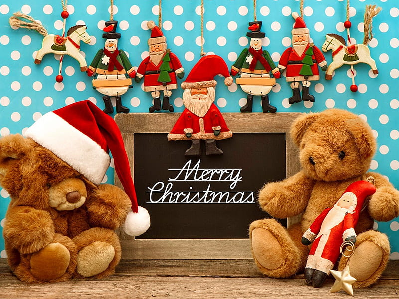 Christmas teddy bears, pretty, christmas, holiday, decoration, winter, sweet, hat, cute, santa, merry christmas, funny, teddy bear, toys, HD wallpaper