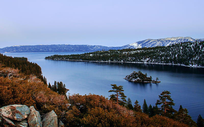 Emerald Bay, Lake Tahoe, trees, landscape, water, usa, california, island, HD wallpaper