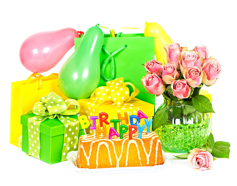 Happy birtay!!!, cake, pretty, pellets, rose, happy birtay, yellow, vase, box, bonito, roll, graphy, nice, green, party, freshly, flowers, beauty, pink, harmony, lovely, holiday, ribbon, colors, roses, candles, cool, bouquet, points, balloons, flower, white, HD wallpaper