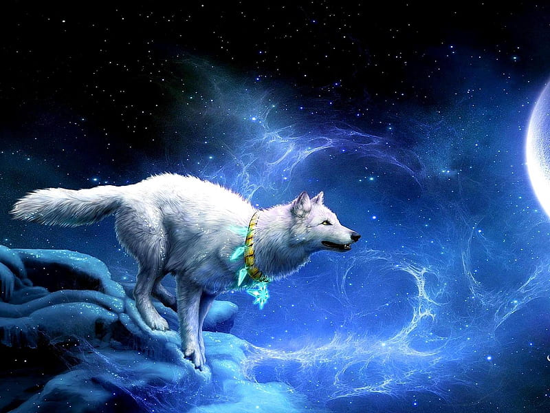 Night Runner, bonito, sky, fantasy, moon, strong, wolf, white, blue ...
