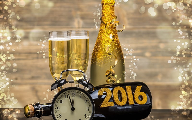 Happy New Year 2016 !, champagne glass, Happy New Year 2016 celebration, Holidays, drinks, wine, glasses, clock, glass, two, champagne, HD wallpaper