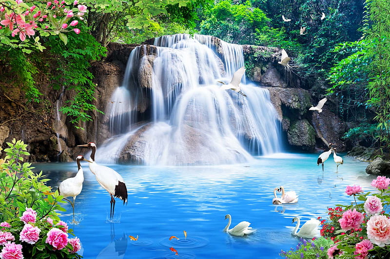 Fantasy waterfall, cascades, fantasy, paradise, birds, waterfall, bonito, roses, forest, exotic, summer, HD wallpaper