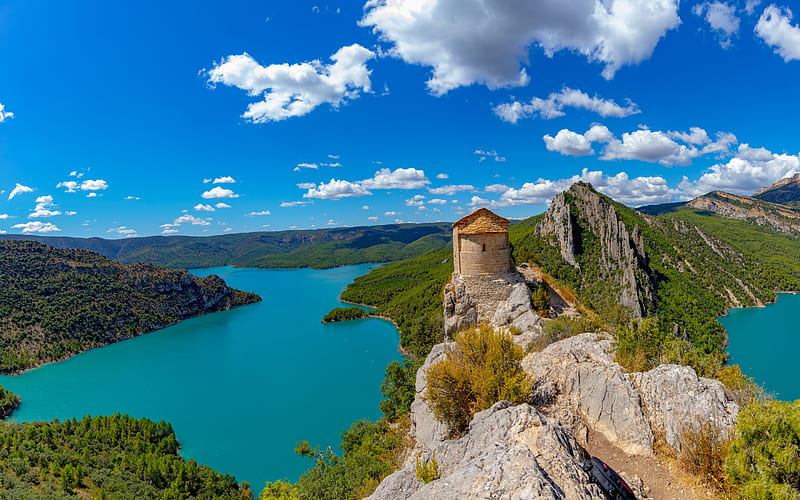 Mont-rebei gorge, Ermita de la Pertusa, beautiful lakes, mountain landscape, summer, castle on the rock, La Pertusa, Lleida, Spain, HD wallpaper