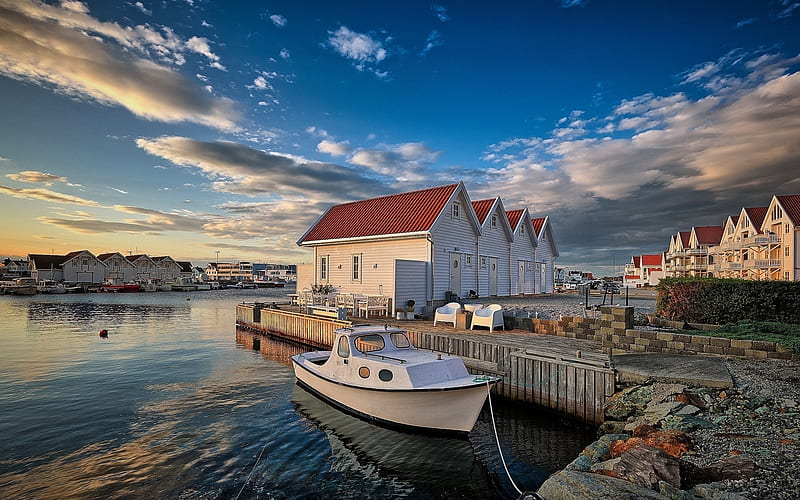 Akrehamn, Norway, boat, houses, clouds, sky, harbor, HD wallpaper