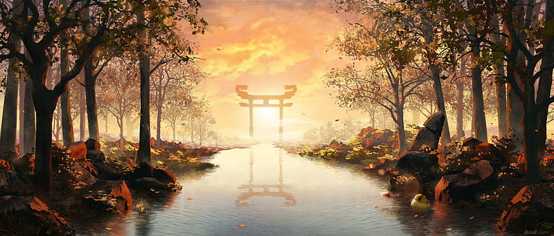 The Dragon Gate, reflex, forest, gate, sun, bonito, sunset, trees, sky, clouds, dragon, anime, beauty, river, landscape, HD wallpaper