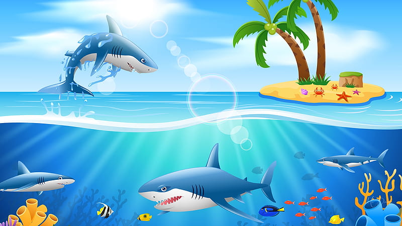 Sharks at Sea, fish, sunlight, ocean, sharks, island, palm trees, sea, Firefox Persona theme, HD wallpaper