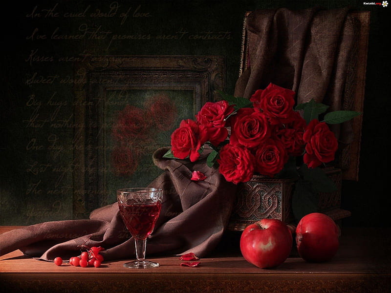 Red Roses and Apples Still Life, red, table, life, cloth, apples, still, roses, abstract, writing, HD wallpaper