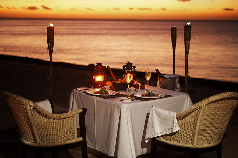 Romantic, dinner, wicker, toast, bread, glasses, bucket, sea, beach, sand, flame, chairs, torches, lanterns, romance, food, ocean, wine, lamps, tablecloth, candles, fire, wineglasses, HD wallpaper
