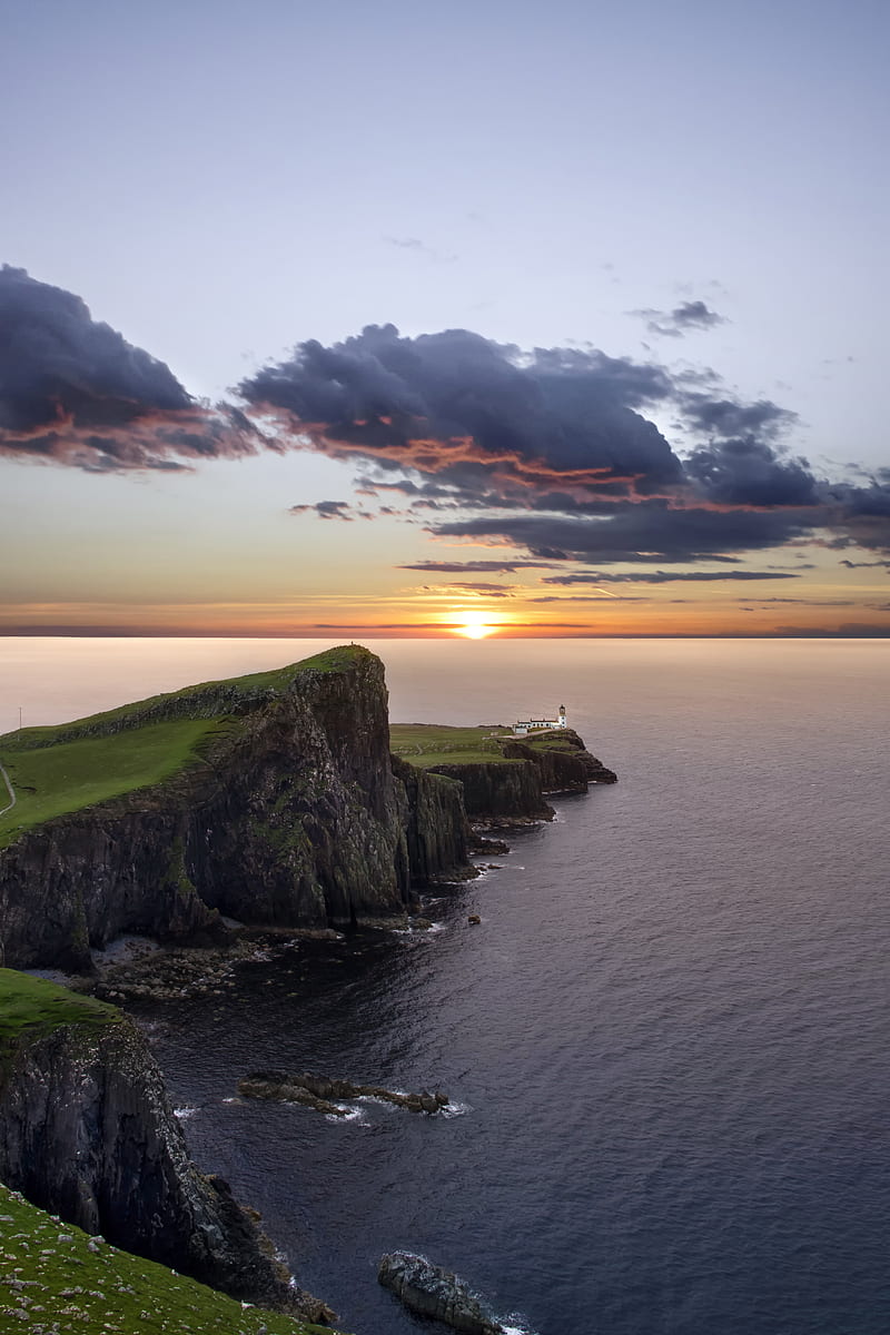 crag, sunset, lighthouse, sea, horizon, HD phone wallpaper